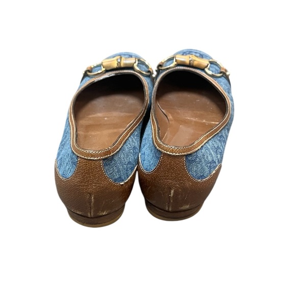 Gucci Woman Size 8.5 Blue Denim Canvas Flat Shoes Monogram Logo Leather Slip On - Picture 6 of 6
